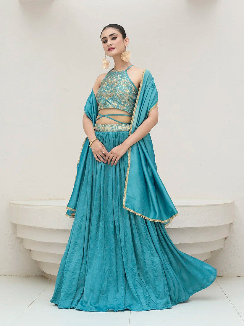 Sky Blue Silk Blend Halter Lehenga Choli, styled on model