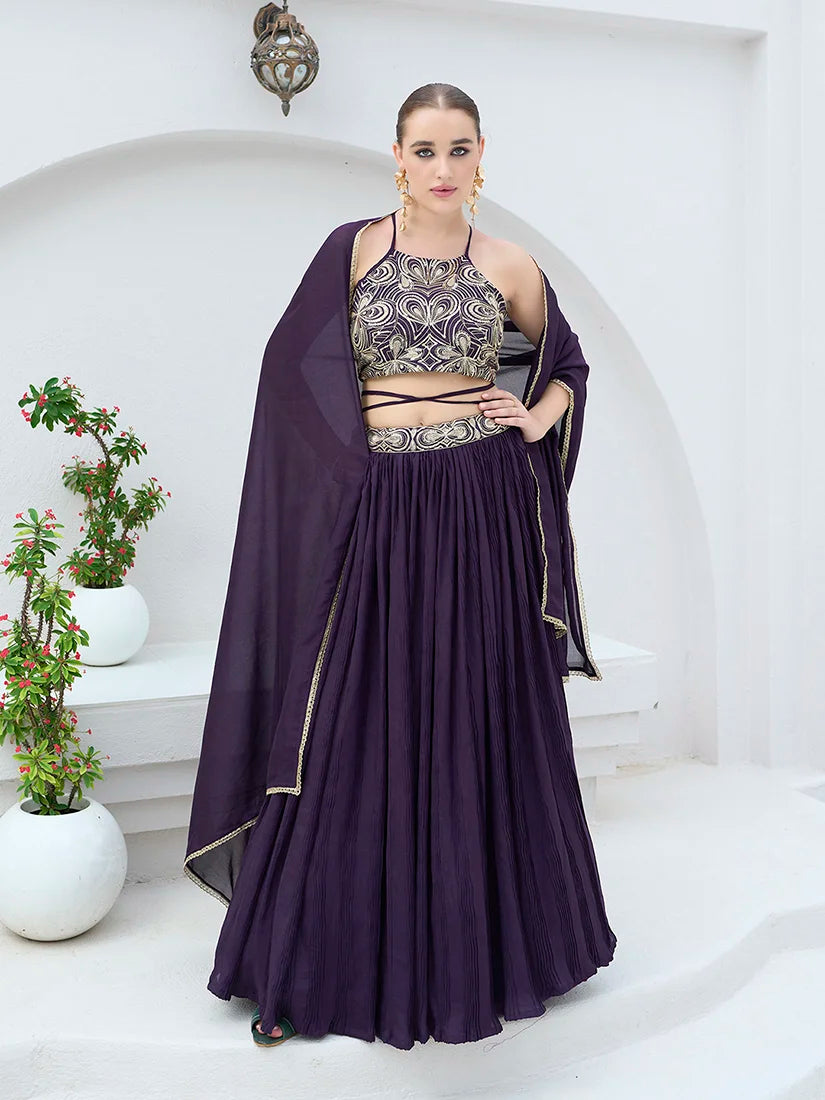 Wine Silk Blend Halter Lehenga Choli, front