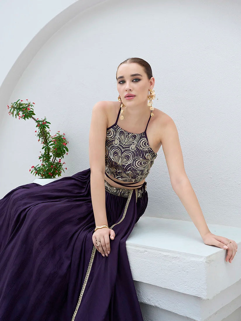 Wine Silk Blend Halter Lehenga Choli, choli detail