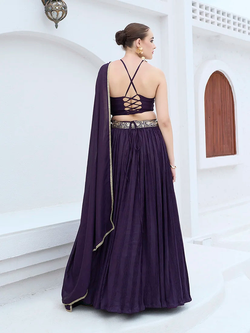 Wine Silk Blend Halter Lehenga Choli, back