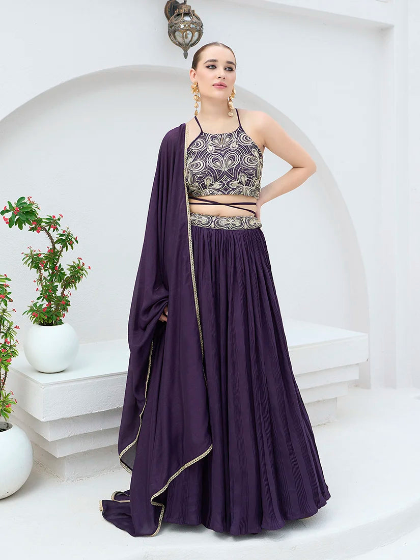 Wine Silk Blend Halter Lehenga Choli, styled on model