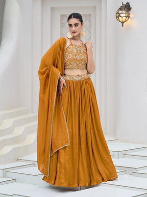 Mustard Silk Blend Halter Lehenga Choli