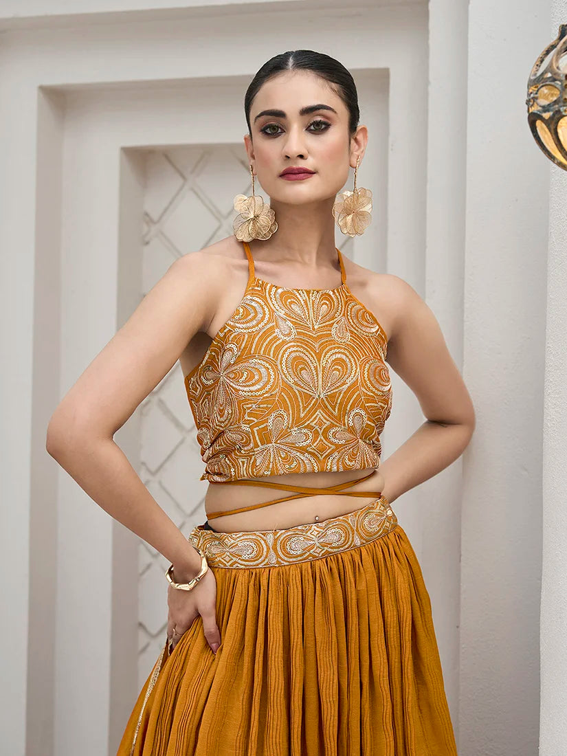 Mustard Silk Blend Halter Lehenga Choli, choli detail