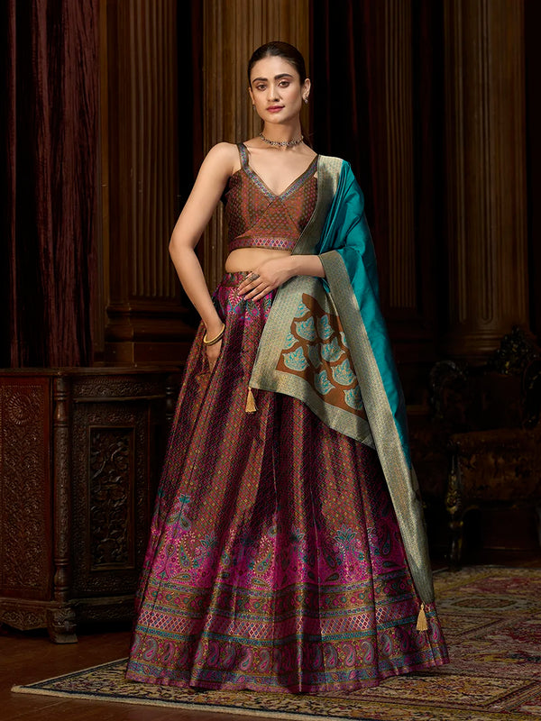 Brown Kanjivaram-Style Silk Lehenga Choli, front