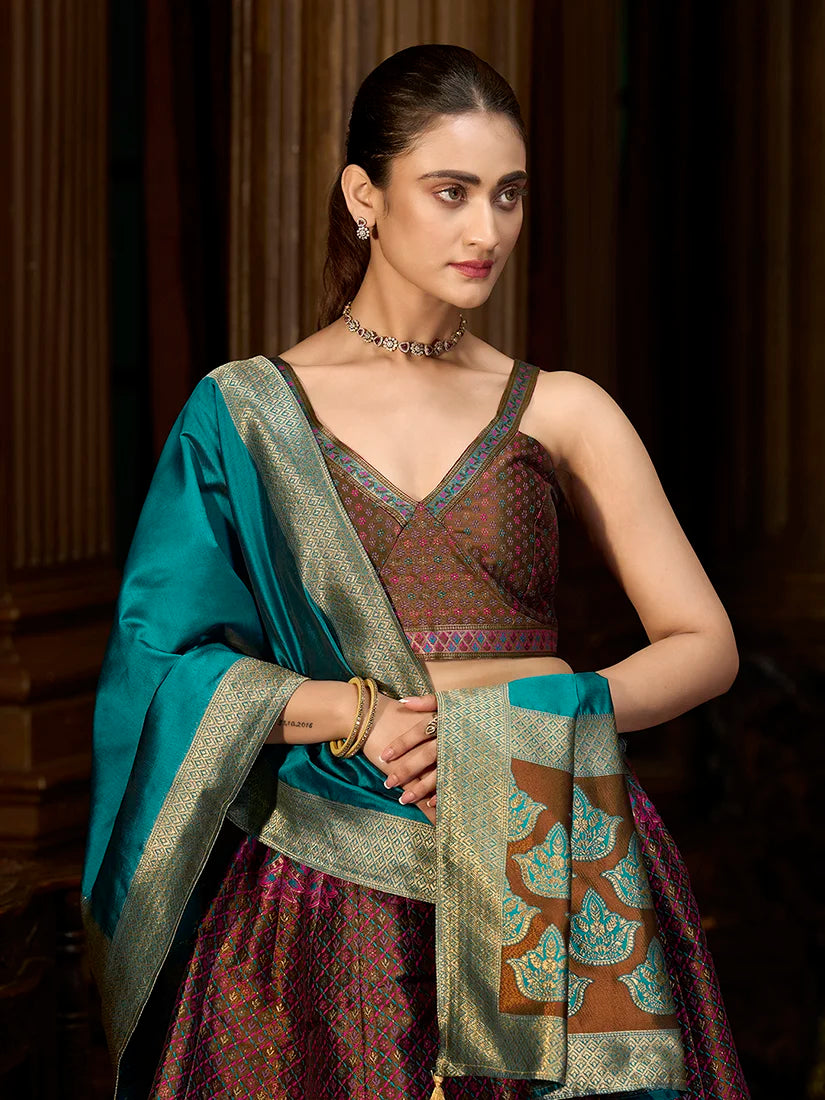 Brown Kanjivaram-Style Silk Lehenga Choli, choli and dupatta detail