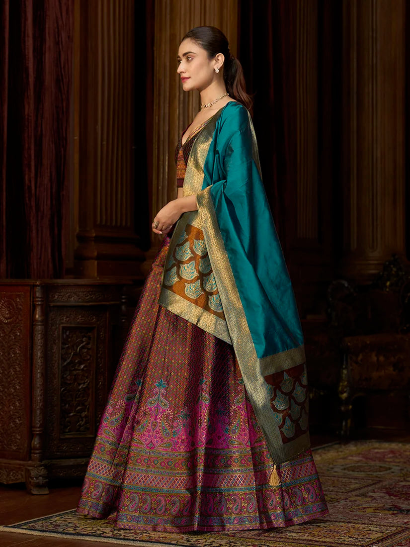 Brown Kanjivaram-Style Silk Lehenga Choli, side