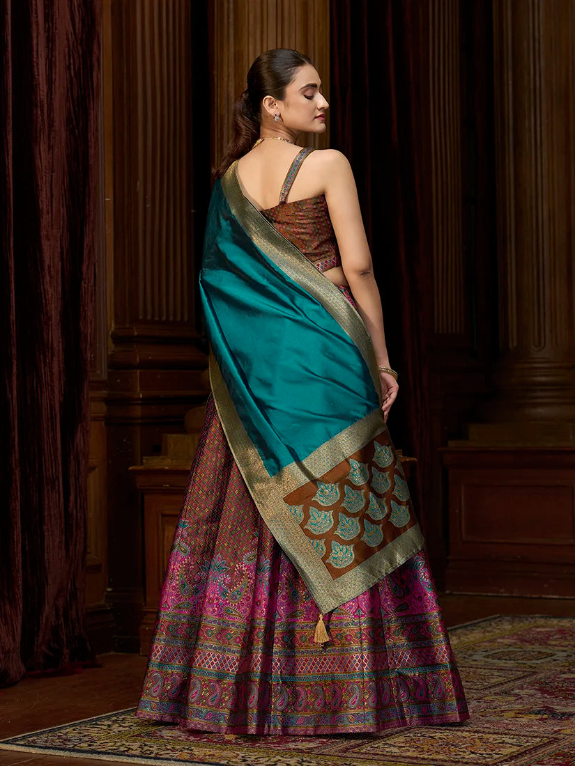 Brown Kanjivaram-Style Silk Lehenga Choli, back