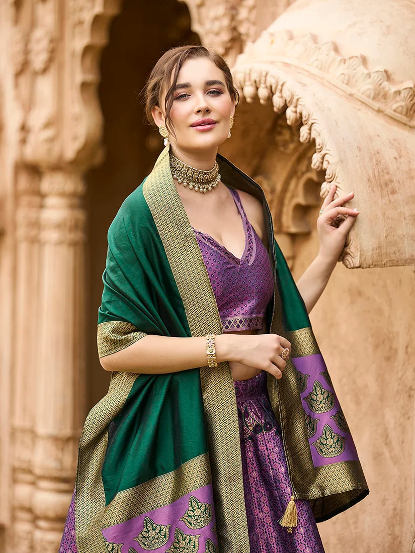 Purple Kanjivaram-Style Silk Lehenga Choli, choli and dupatta detail