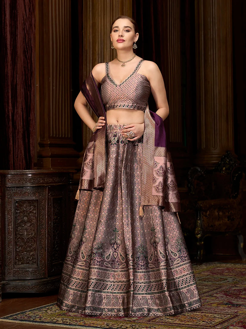Rose Pink Kanjivaram-Style Silk Lehenga Choli, front