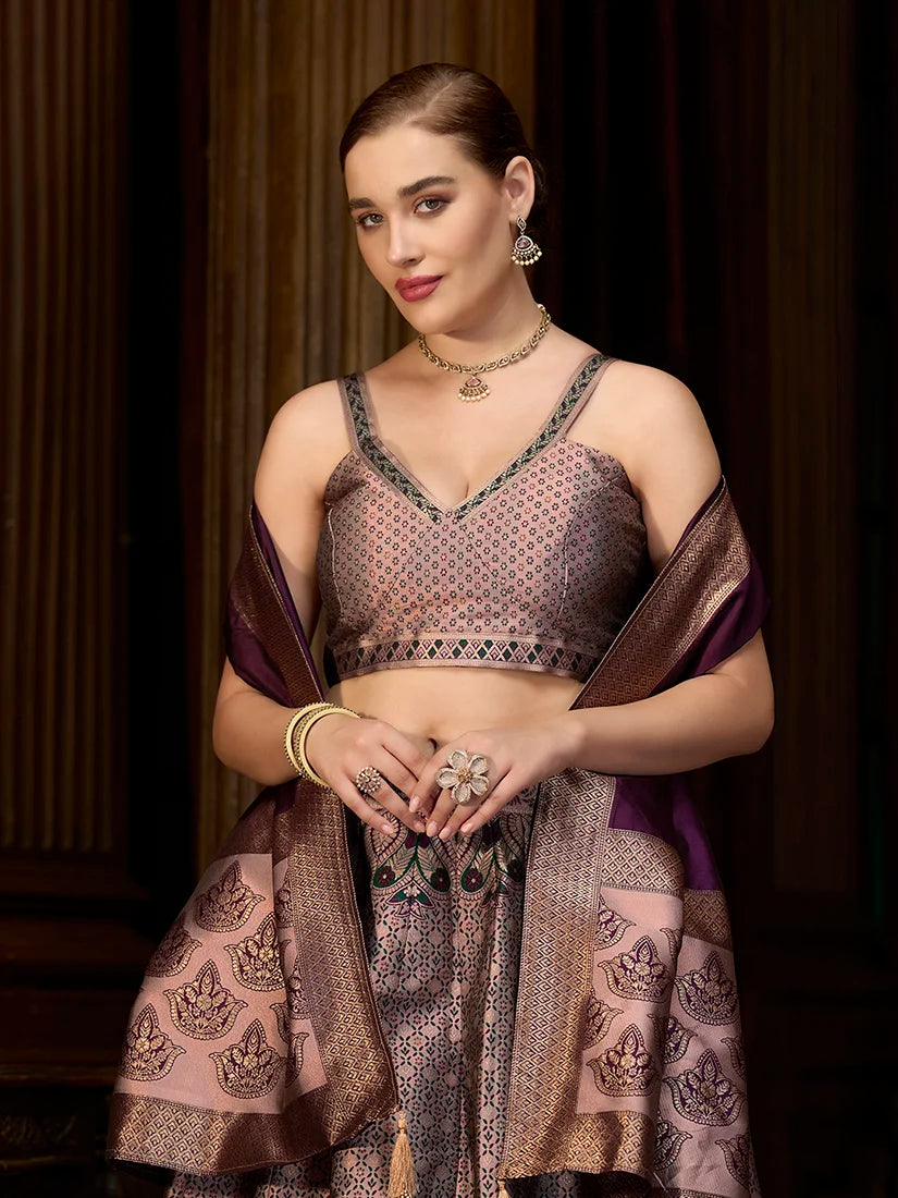 Rose Pink Kanjivaram-Style Silk Lehenga Choli, choli and dupatta detail