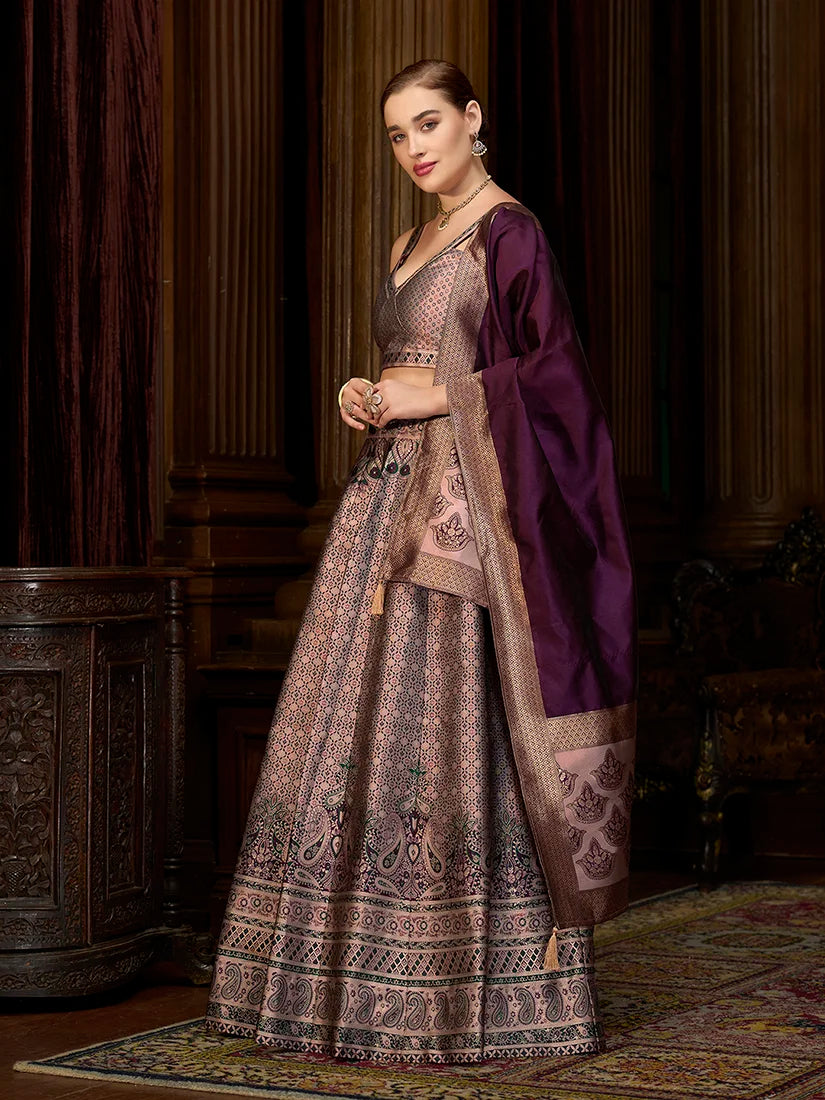 Rose Pink Kanjivaram-Style Silk Lehenga Choli, side