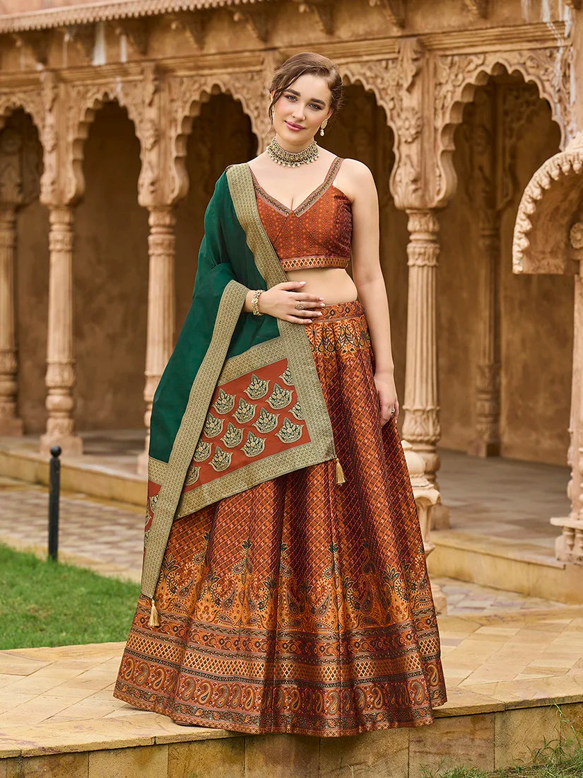 Rust Kanjivaram-Style Silk Lehenga Choli, front