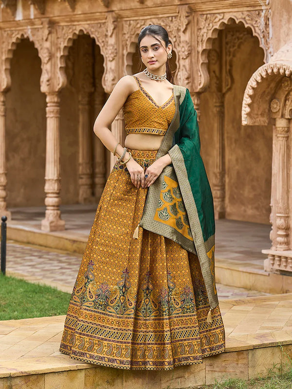 Yellow Kanjivaram-Style Silk Lehenga Choli, front