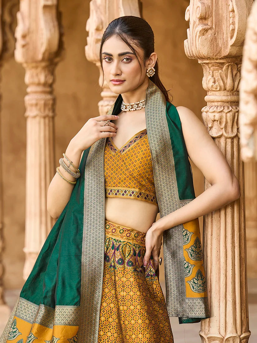 Yellow Kanjivaram-Style Silk Lehenga Choli, choli and dupatta detail