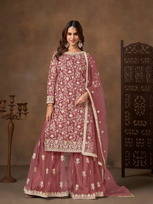 Onion Pink Net Sharara Set with Floral Embroidery, front
