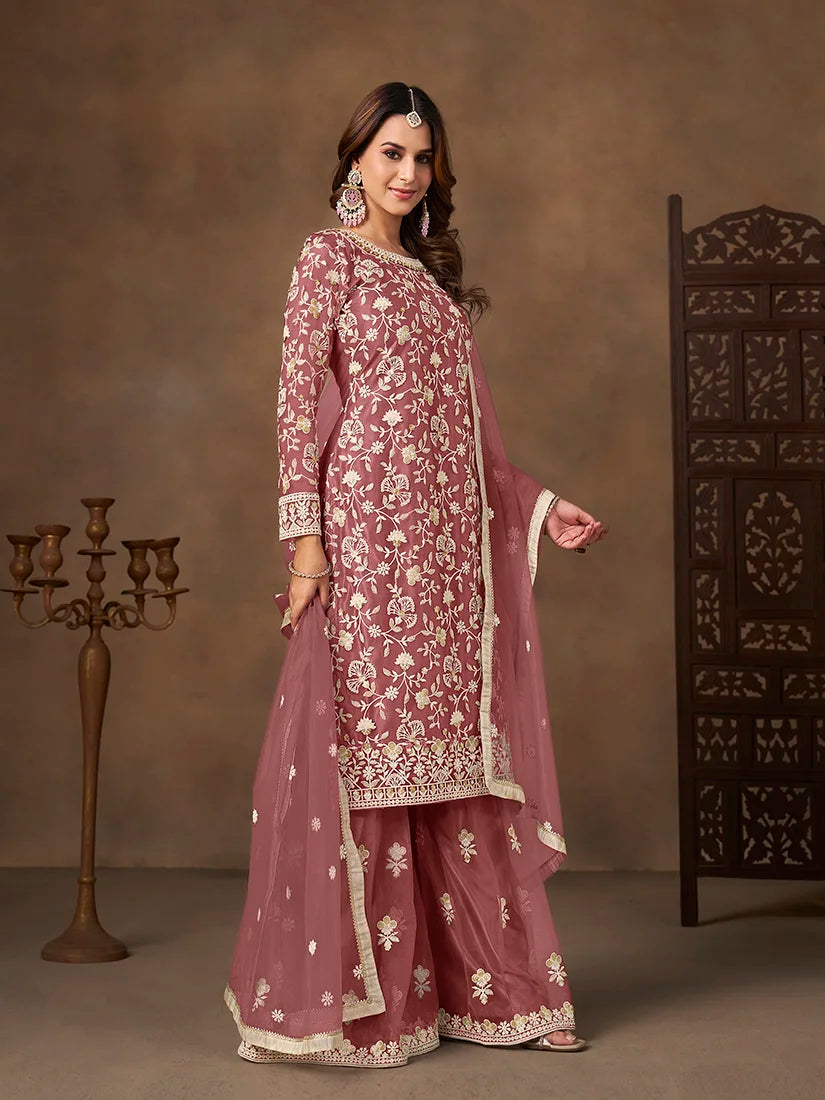 Onion Pink Net Sharara Set with Floral Embroidery, side
