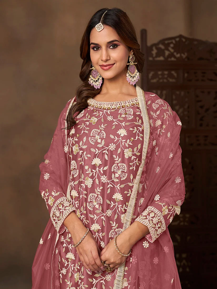 Onion Pink Net Sharara Set with Floral Embroidery, neckline close-up