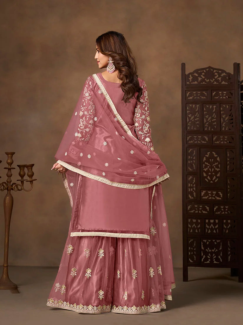 Onion Pink Net Sharara Set with Floral Embroidery, back