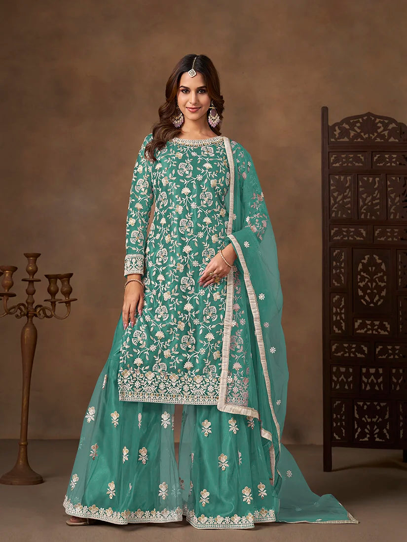 Turquoise Net Sharara Set with Floral Embroidery, front