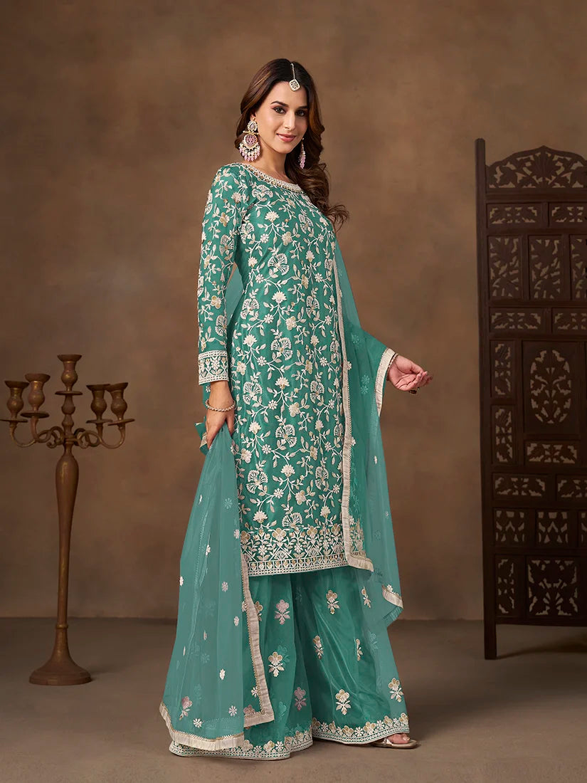 Turquoise Net Sharara Set with Floral Embroidery, side