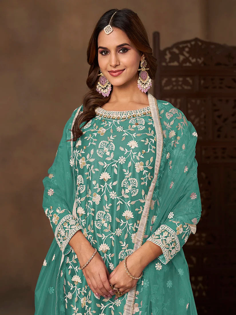 Turquoise Net Sharara Set with Floral Embroidery, neckline close-up