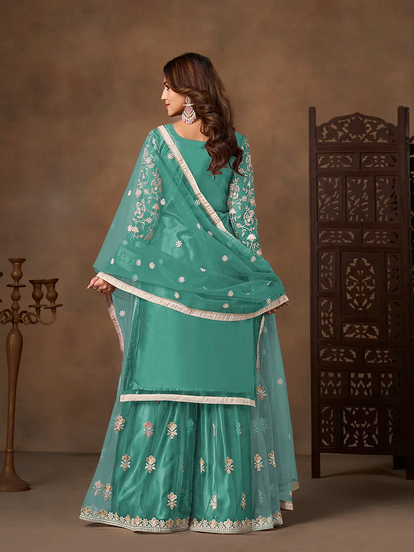 Turquoise Net Sharara Set with Floral Embroidery, back