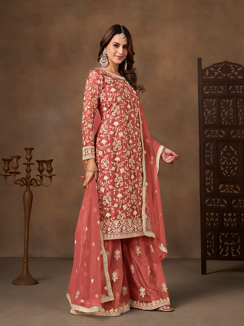 Coral Net Sharara Set with Floral Embroidery, side