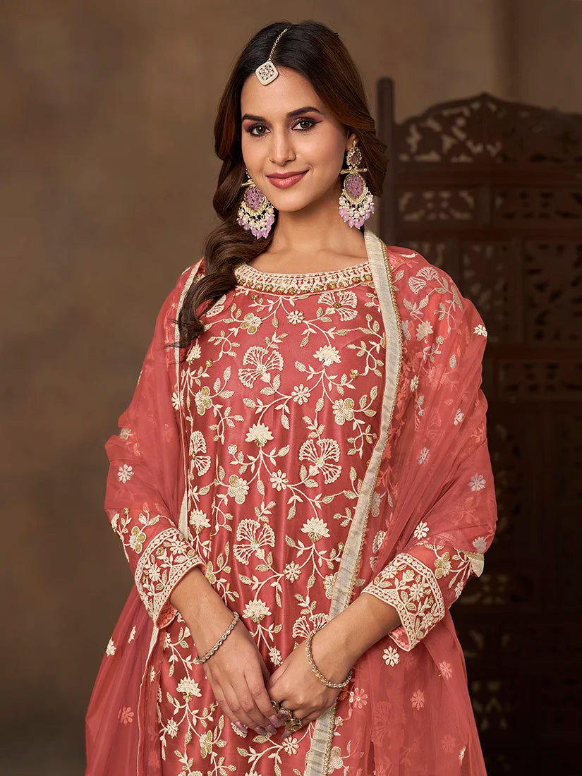 Coral Net Sharara Set with Floral Embroidery, neckline close-up