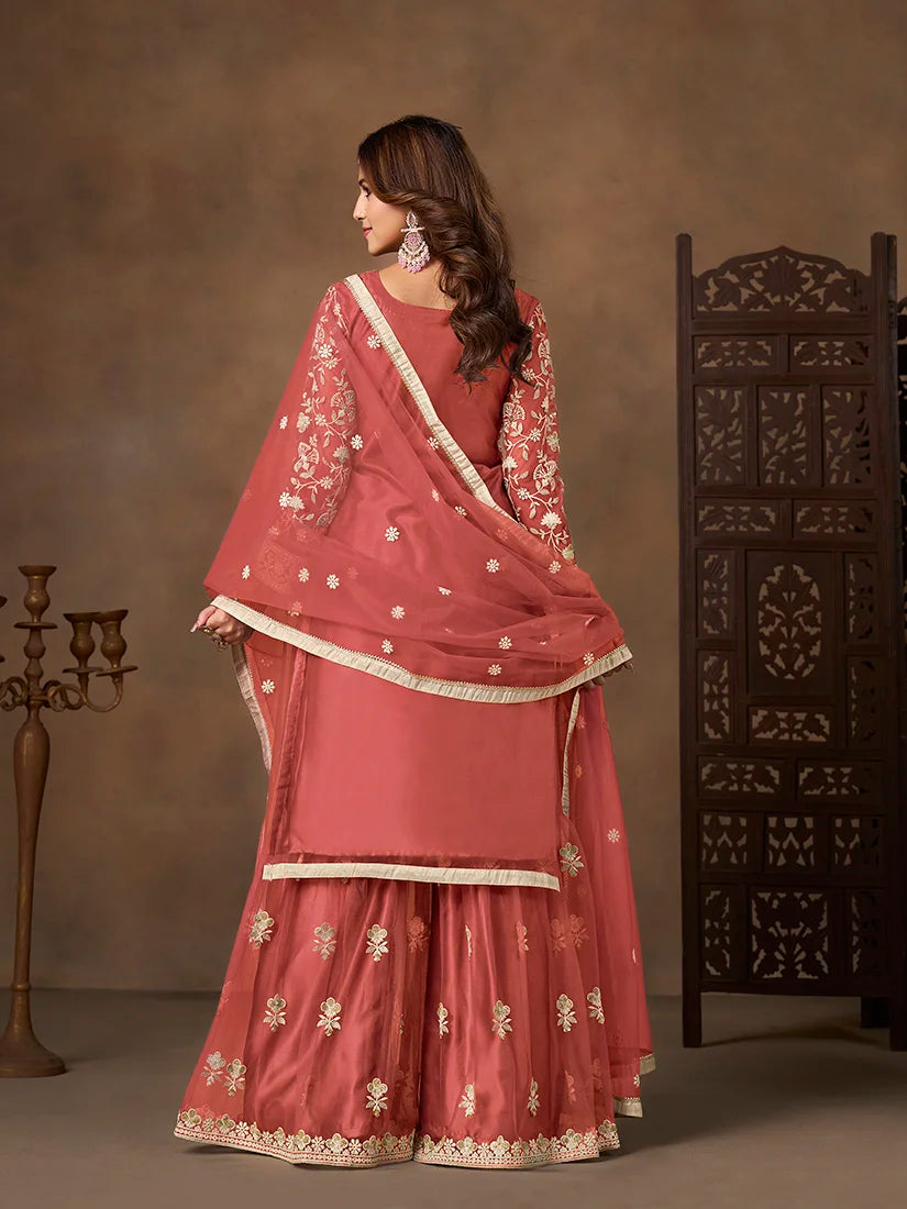 Coral Net Sharara Set with Floral Embroidery, back