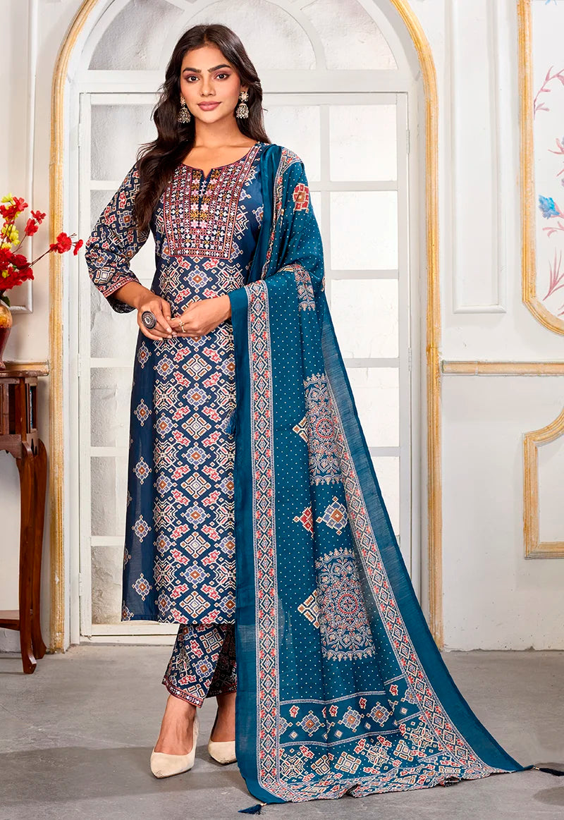 Teal Blue Chanderi Embroidered Kurti Set with Dupatta, front