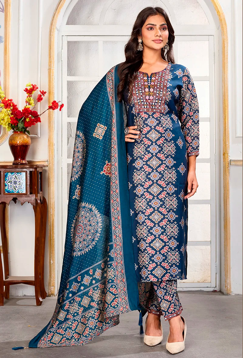 Teal Blue Chanderi Embroidered Kurti Set with Dupatta, styled with dupatta