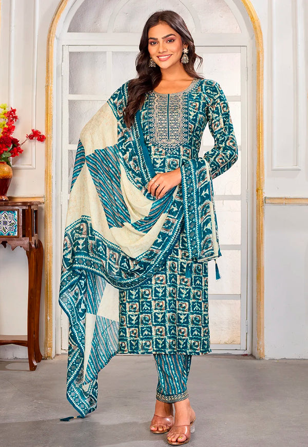 Light Blue Rayon Embroidered Kurti Set with Dupatta, front