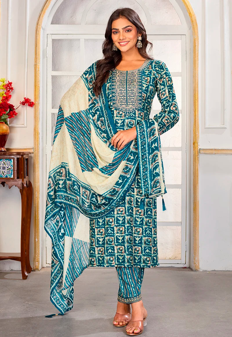Light Blue Rayon Embroidered Kurti Set with Dupatta, front
