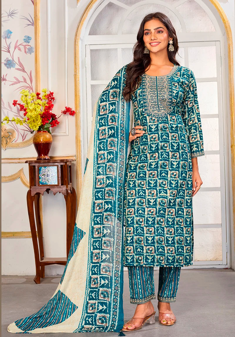 Light Blue Rayon Embroidered Kurti Set with Dupatta, styled with dupatta