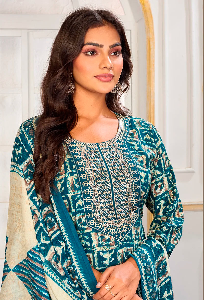 Light Blue Rayon Embroidered Kurti Set with Dupatta, yoke embroidery detail