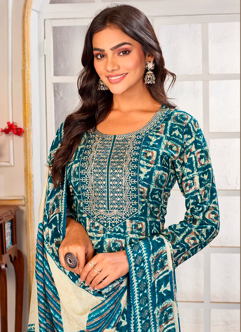 Light Blue Rayon Embroidered Kurti Set with Dupatta, upper body detail