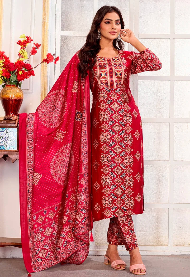 Red Chanderi Embroidered Kurti Set with Dupatta, styled with dupatta