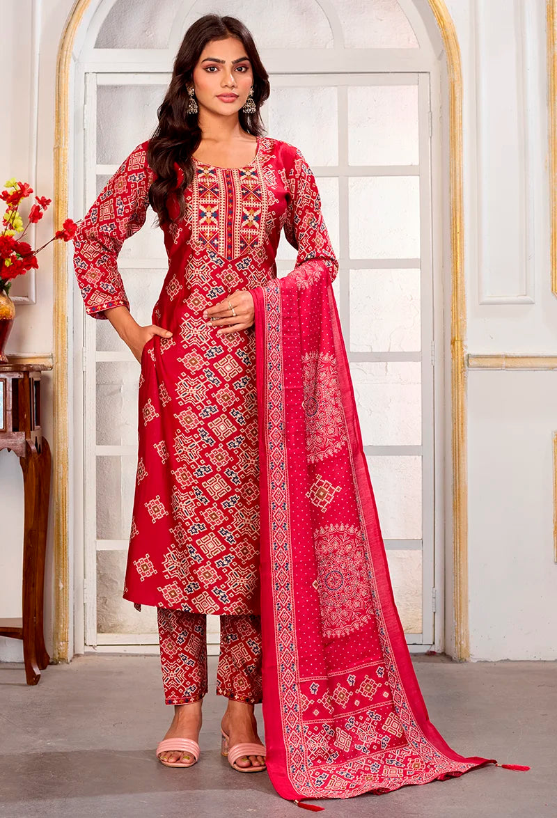 Red Chanderi Embroidered Kurti Set with Dupatta, front