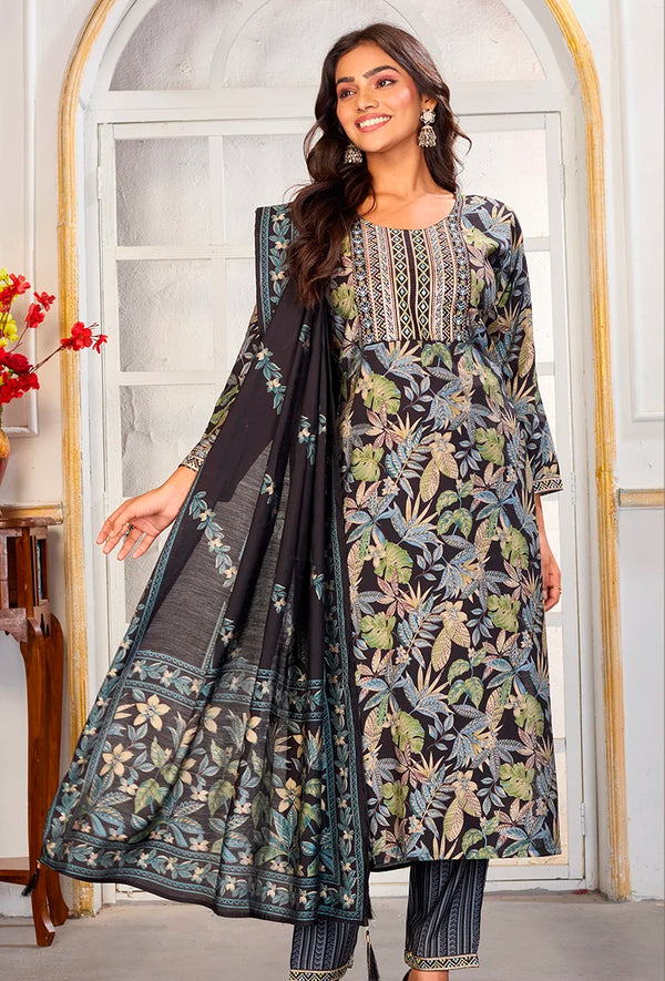 Black Chanderi Embroidered Kurti Set with Dupatta, front