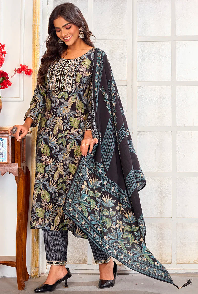 Black Chanderi Embroidered Kurti Set with Dupatta, kurti and pants