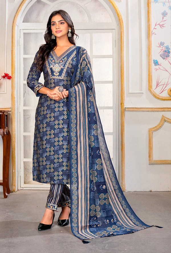 Blue Chanderi Embroidered Kurti Set with Dupatta, front