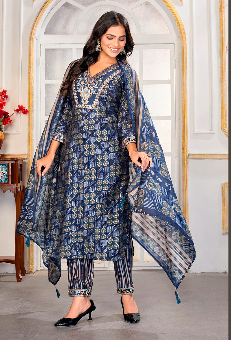 Blue Chanderi Embroidered Kurti Set with Dupatta, styled with dupatta