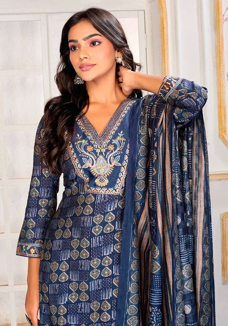 Blue Chanderi Embroidered Kurti Set with Dupatta, upper body detail
