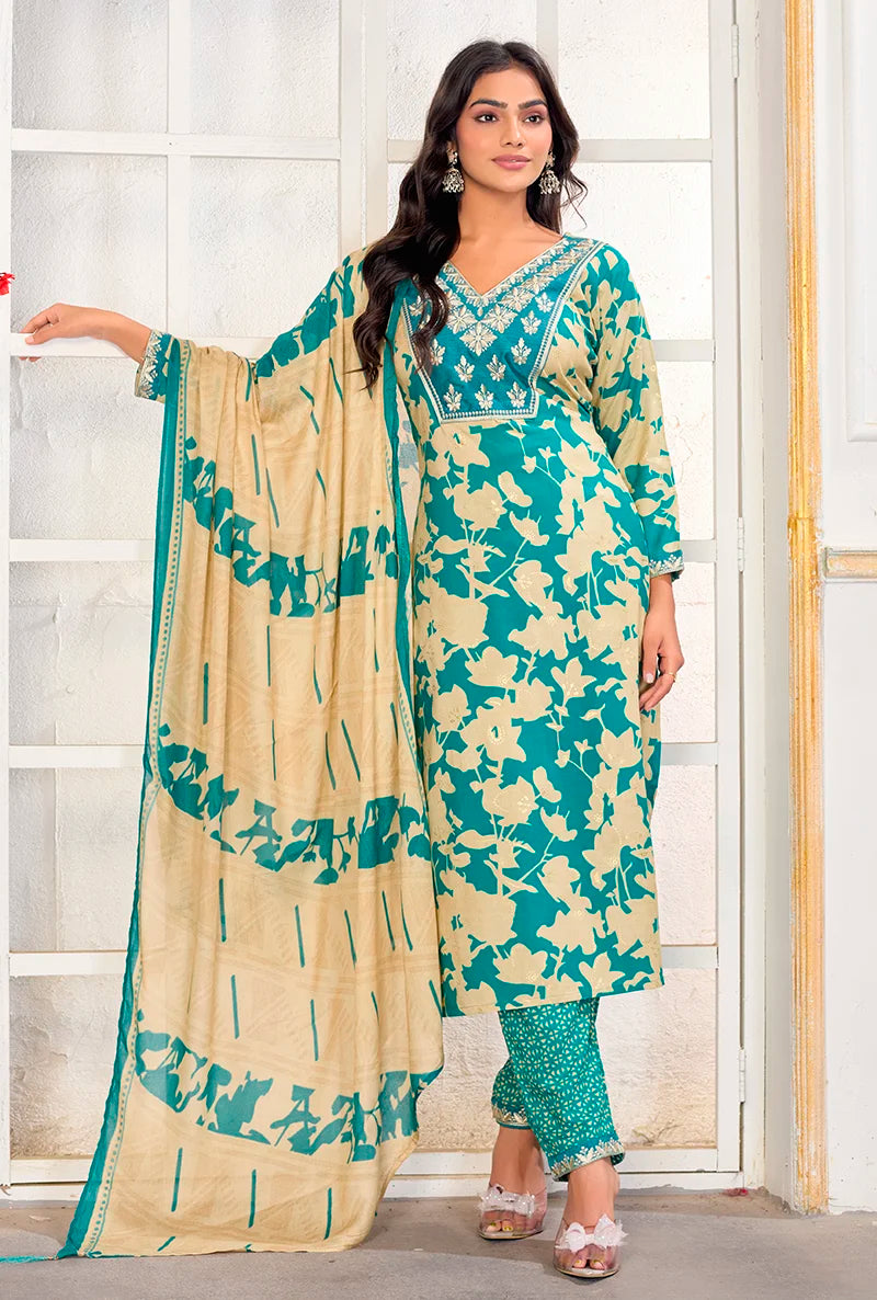 Sky Blue Rayon Embroidered Kurti Set with Dupatta, front