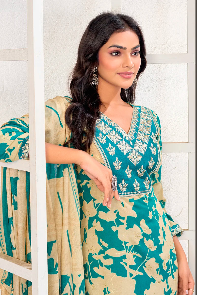Sky Blue Rayon Embroidered Kurti Set with Dupatta, yoke embroidery detail