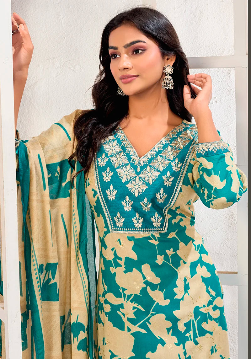 Sky Blue Rayon Embroidered Kurti Set with Dupatta, upper body detail