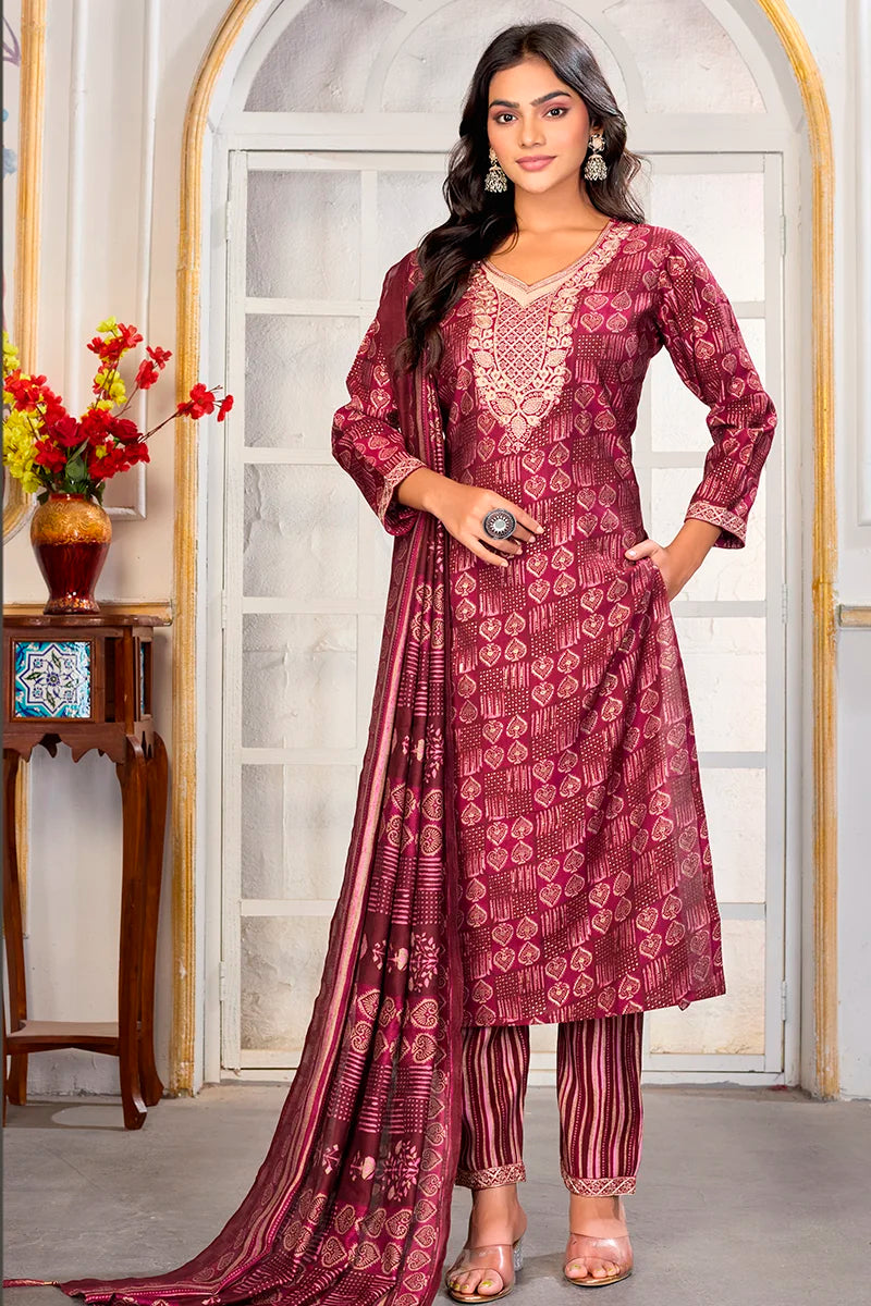 Maroon Chanderi Embroidered Kurti Set with Dupatta, front