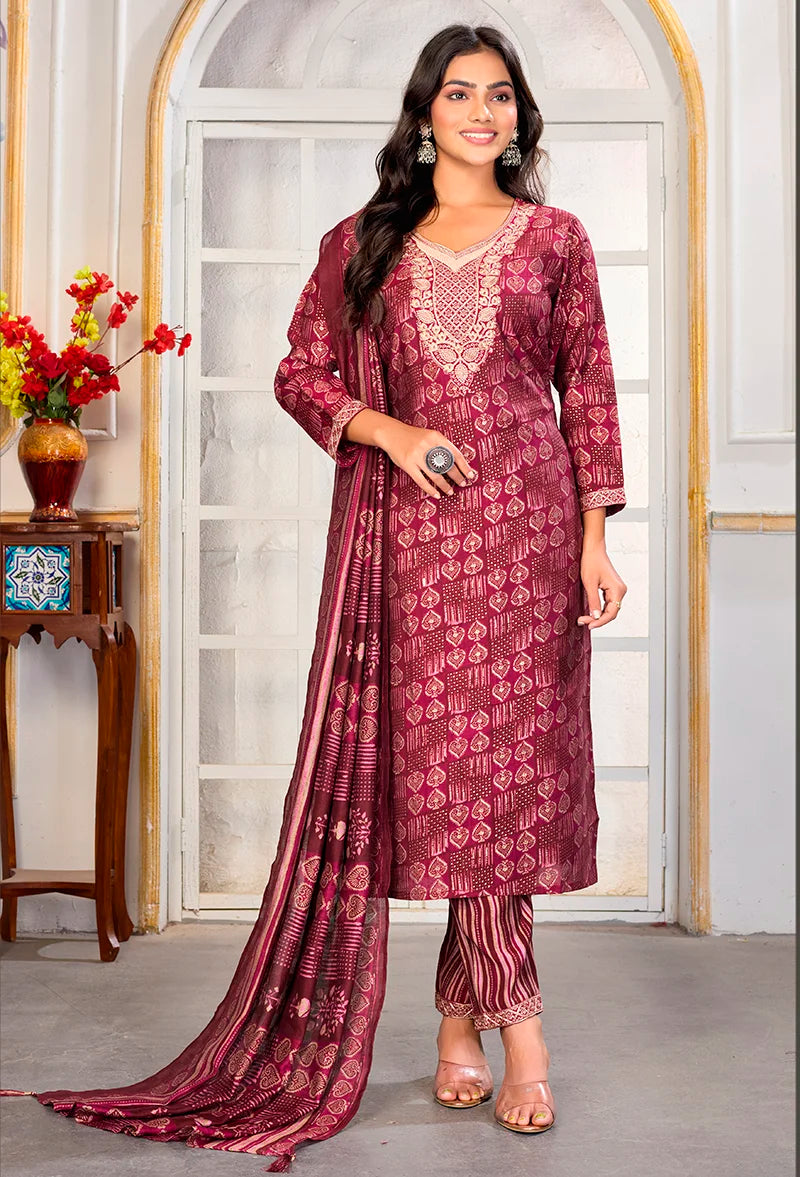 Maroon Chanderi Embroidered Kurti Set with Dupatta, kurti and pants