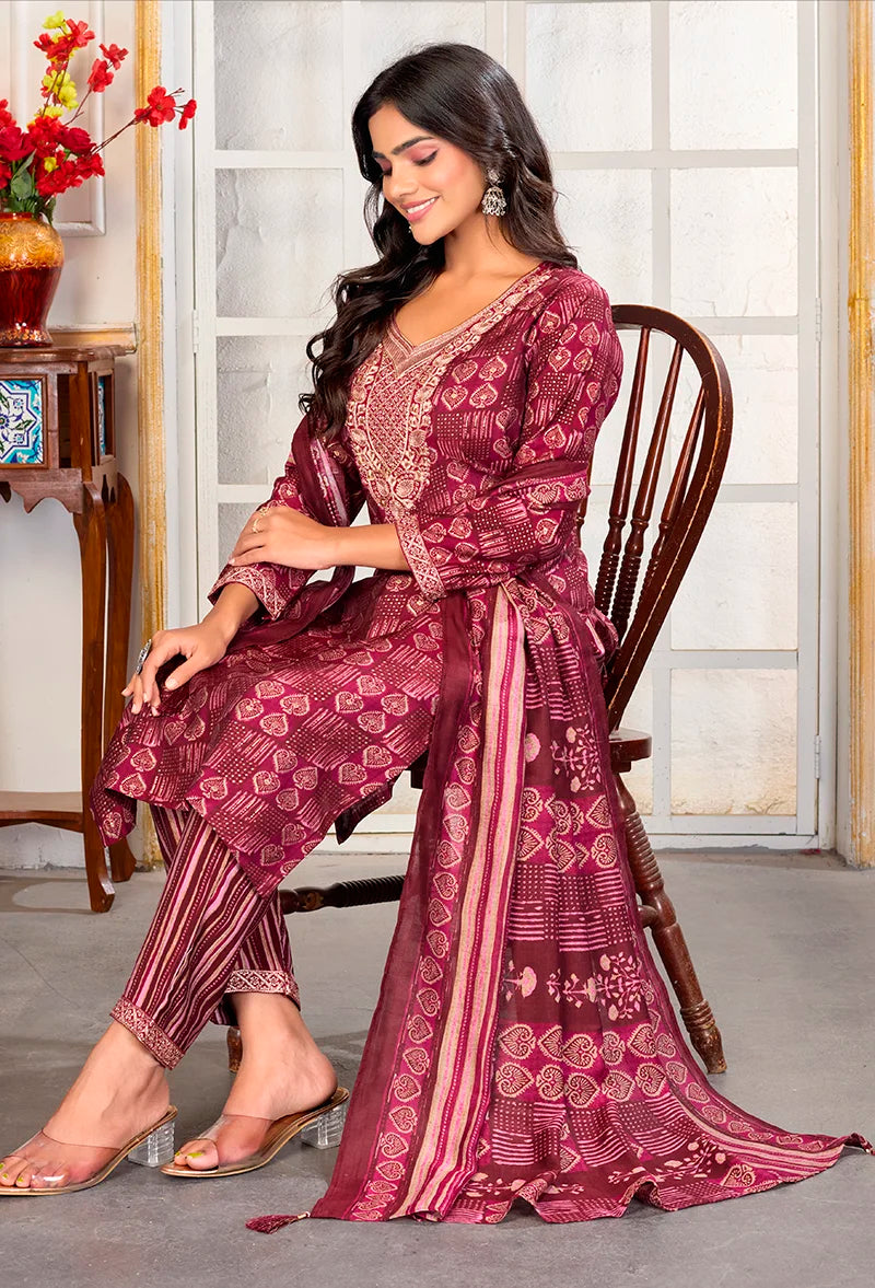 Maroon Chanderi Embroidered Kurti Set with Dupatta, side