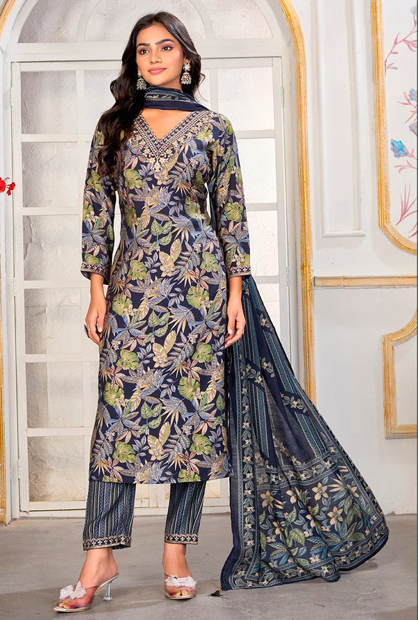 Dark Gray Chanderi Embroidered Kurti Set with Dupatta, front